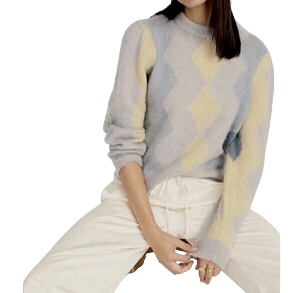 J. Crew Cozy Diamond-Checked Argyle Cropped Preppy Sweater Pastel Blue Yellow 2X